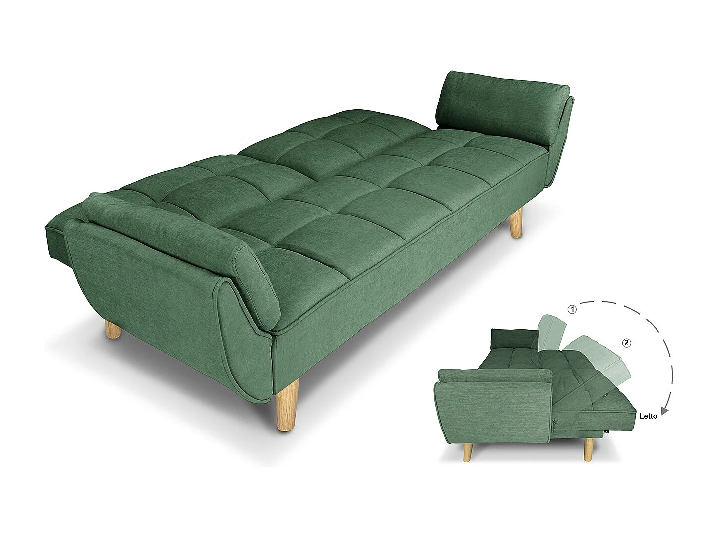Divano letto clic clac in tessuto vellutato verde abete - Ambra piede legno naturale