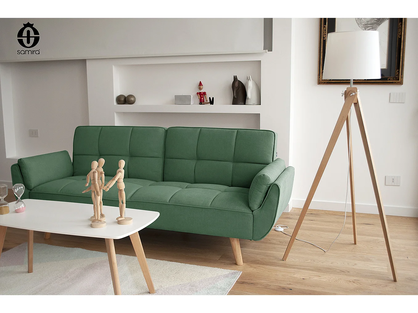 Divano letto clic clac in tessuto vellutato verde abete - Ambra piede legno naturale