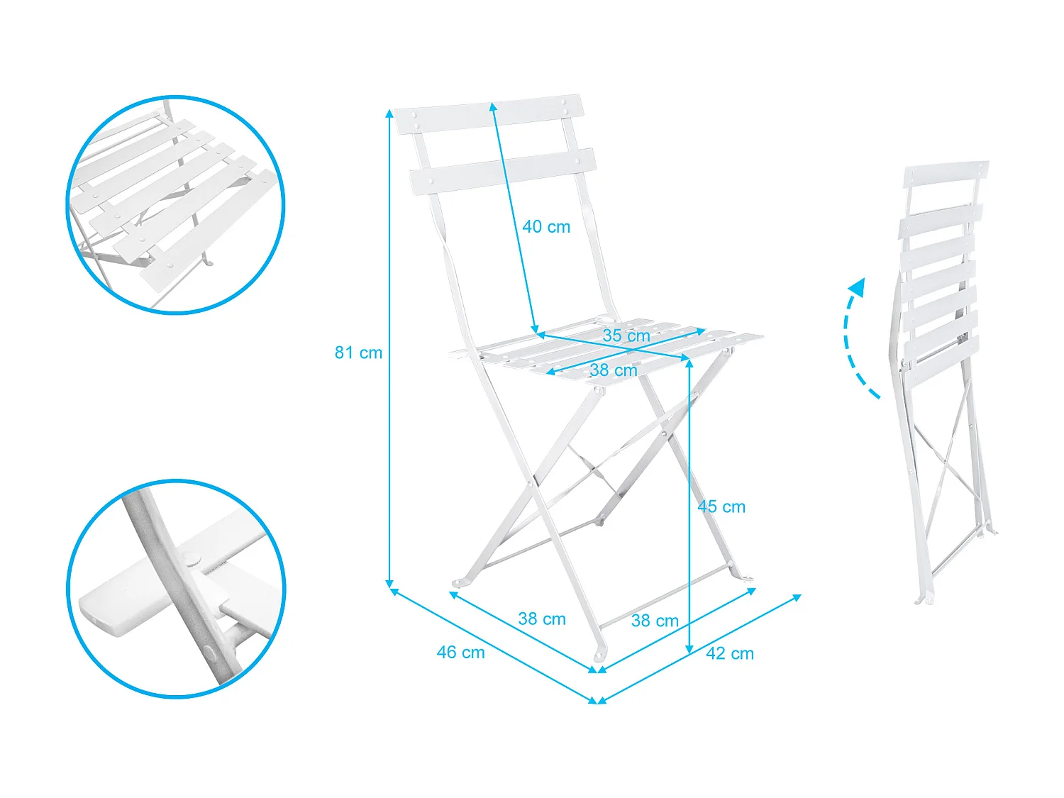 Sedia pieghevole da giardino in metallo bianco, sedia richiudibile mod. Amalfi (2pz.)