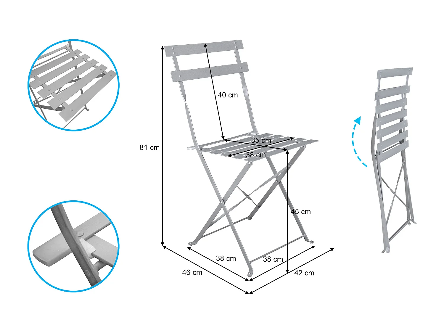 Sedia pieghevole da giardino in metallo grigio, sedia richiudibile mod. Amalfi (2pz.)