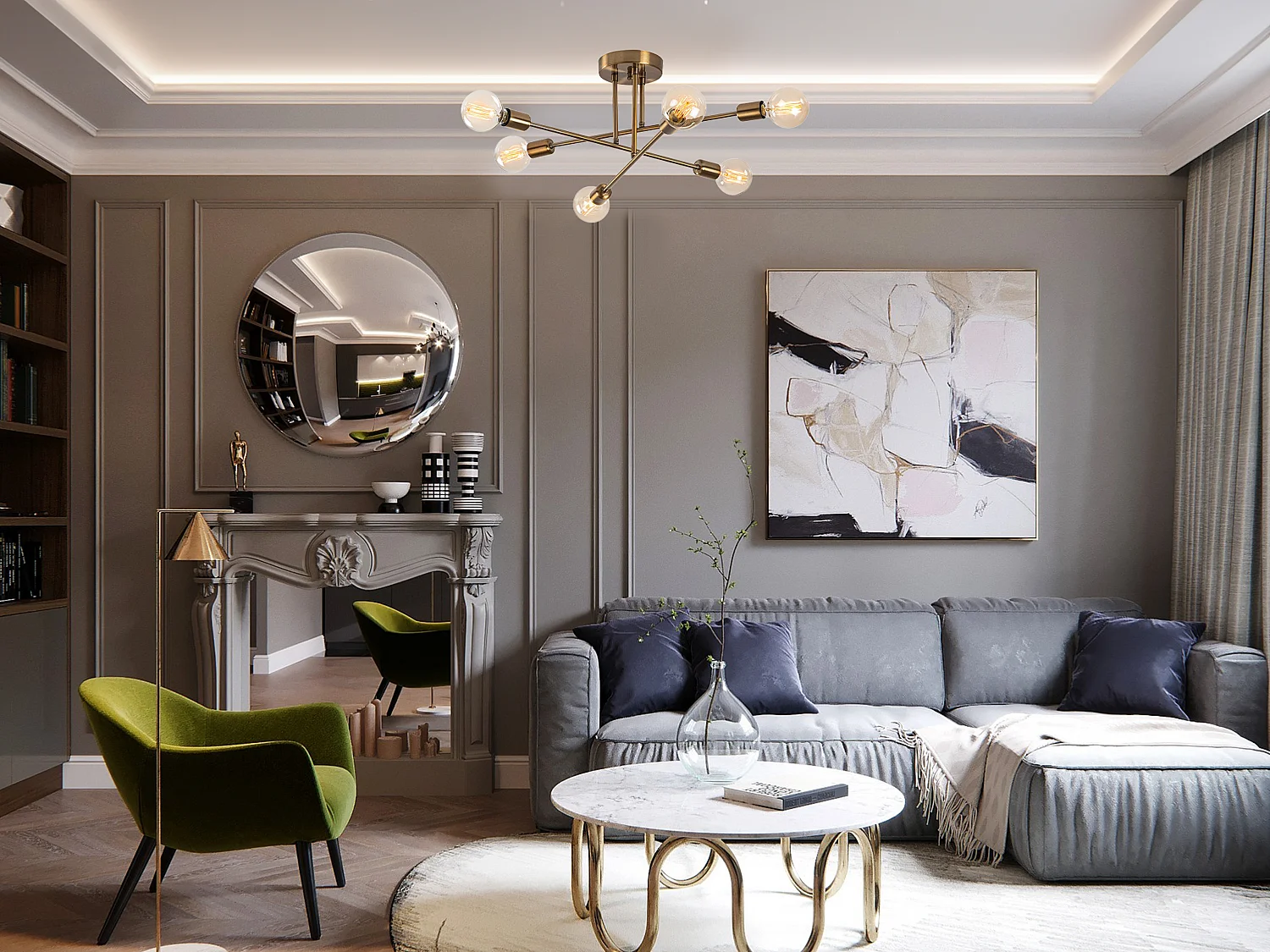 Plafonnier en métal - 3 bras - L. 64 cm x H. 30 cm - Doré - FLOWERA