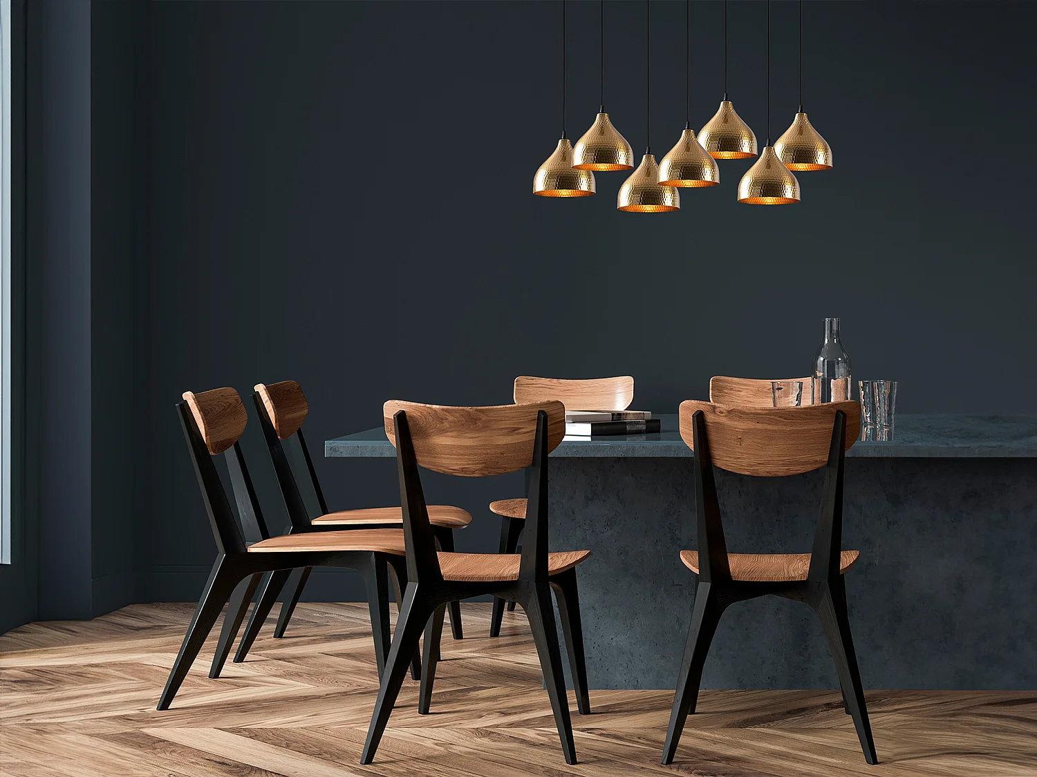 Deckenleuchte höhenverstellbar - Metall - 7 Schirme - 88 x 114 cm - Goldfarben & Schwarz - SONITI