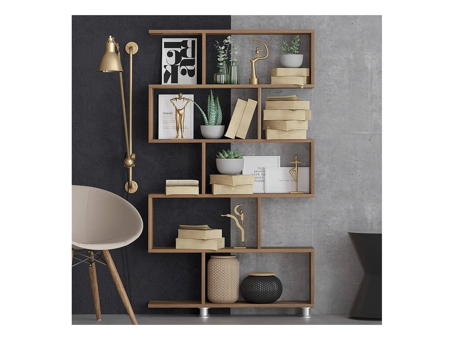 Etagère 5 tablettes déco noyer H156 cm - Nilüfer