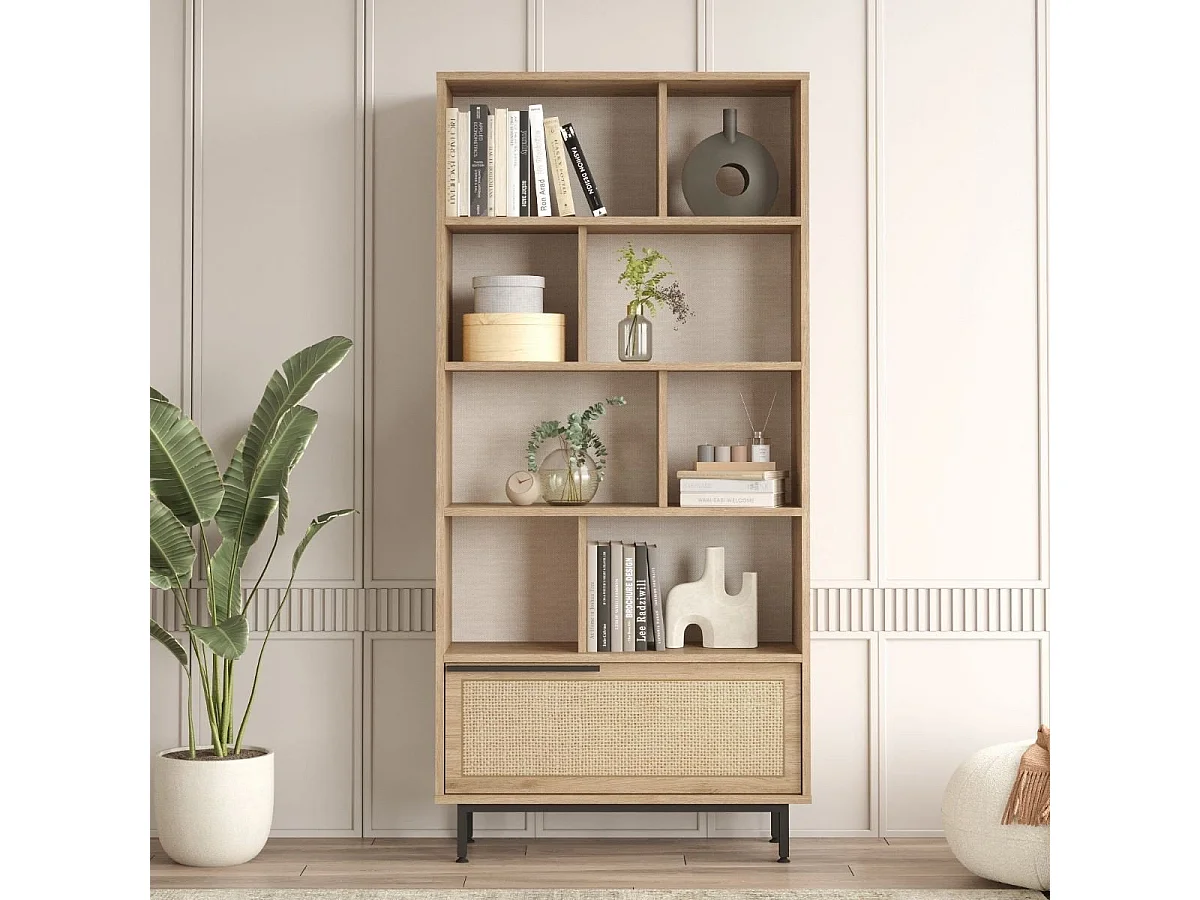 Estantería 9 estantes y 1 puerta decoración roble e impresión de mimbre - H175,6 cm