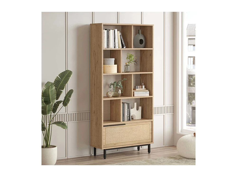 Estantería 9 estantes y 1 puerta decoración roble e impresión de mimbre - H175,6 cm