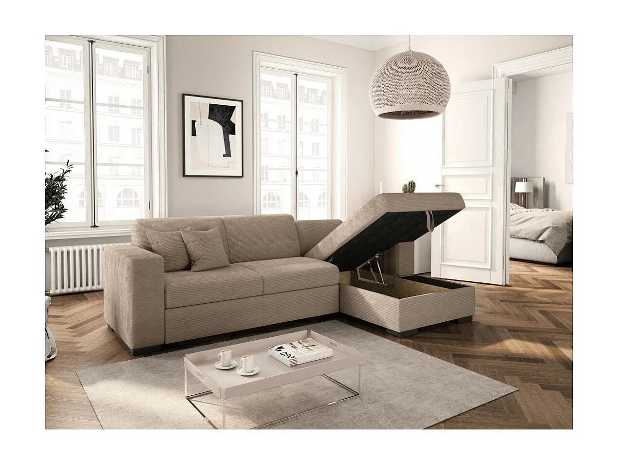 Canapé d'angle droit 4 places Fuji XL convertible avec coffre en velours côtelé - Taupe - L262 x P157 x H83cm - Loungitude