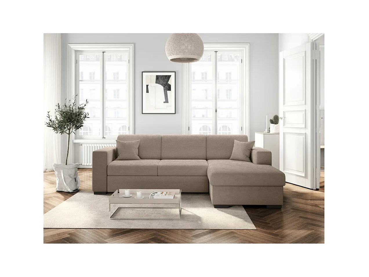 Canapé d'angle droit 4 places Fuji XL convertible avec coffre en velours côtelé - Taupe - L262 x P157 x H83cm - Loungitude