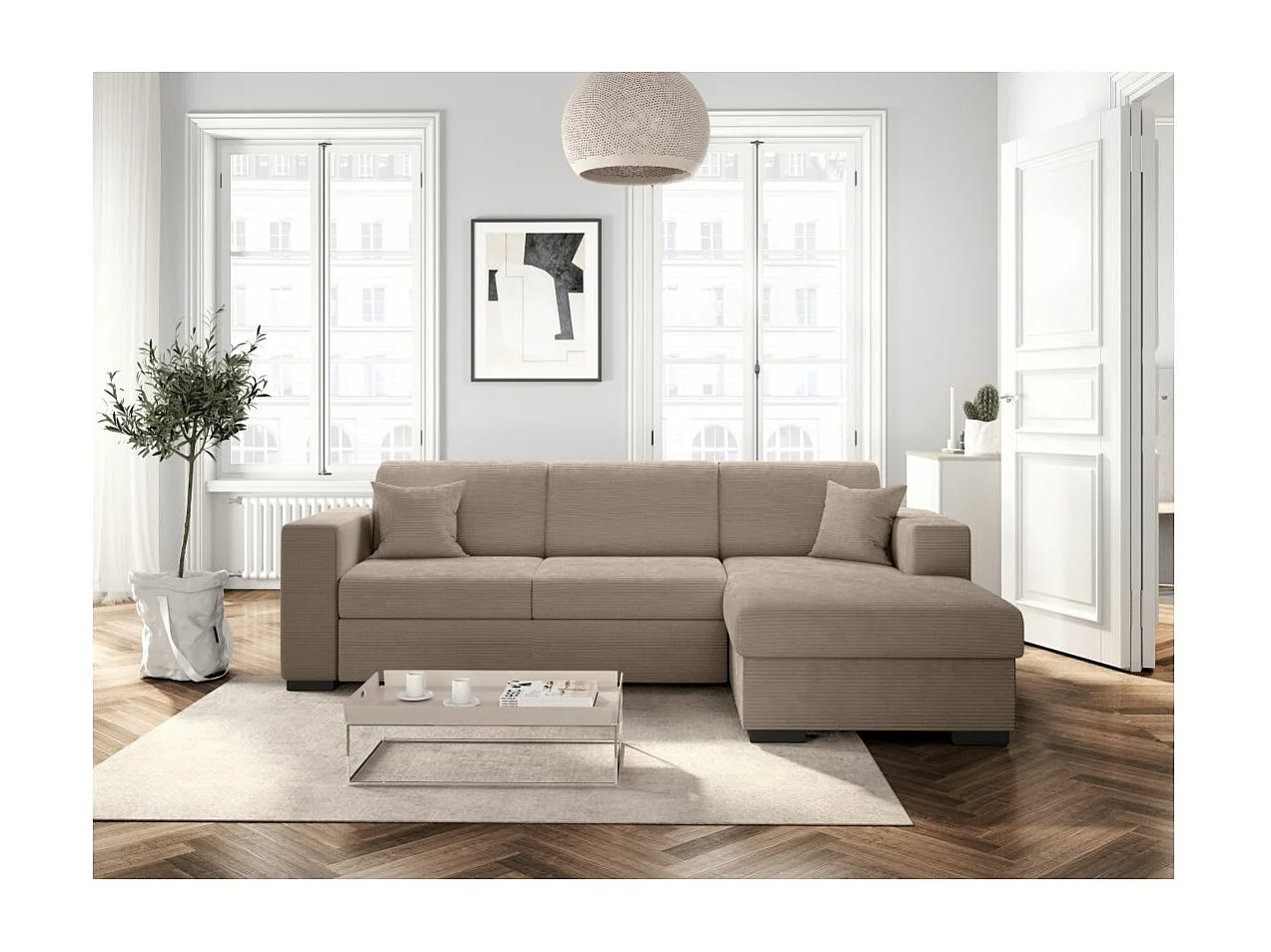 Canapé d'angle droit 4 places Fuji XL convertible avec coffre en velours côtelé - Taupe - L262 x P157 x H83cm - Loungitude
