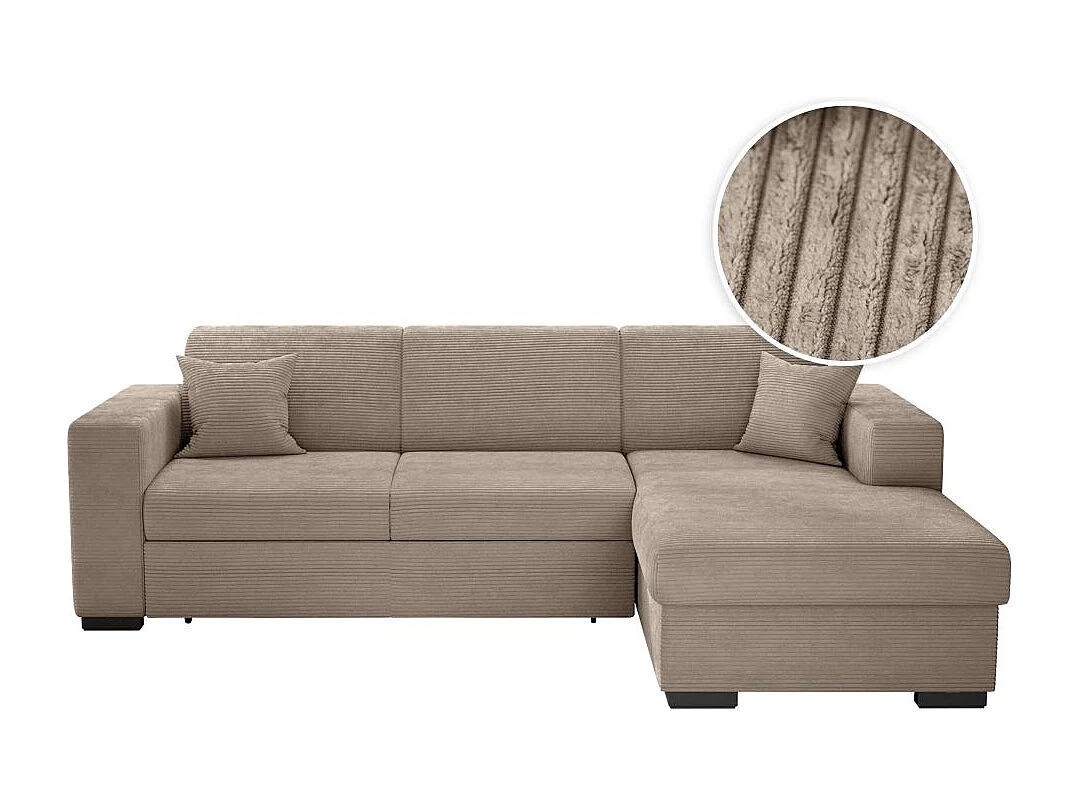 Canapé d'angle droit 4 places Fuji XL convertible avec coffre en velours côtelé - Taupe - L262 x P157 x H83cm - Loungitude