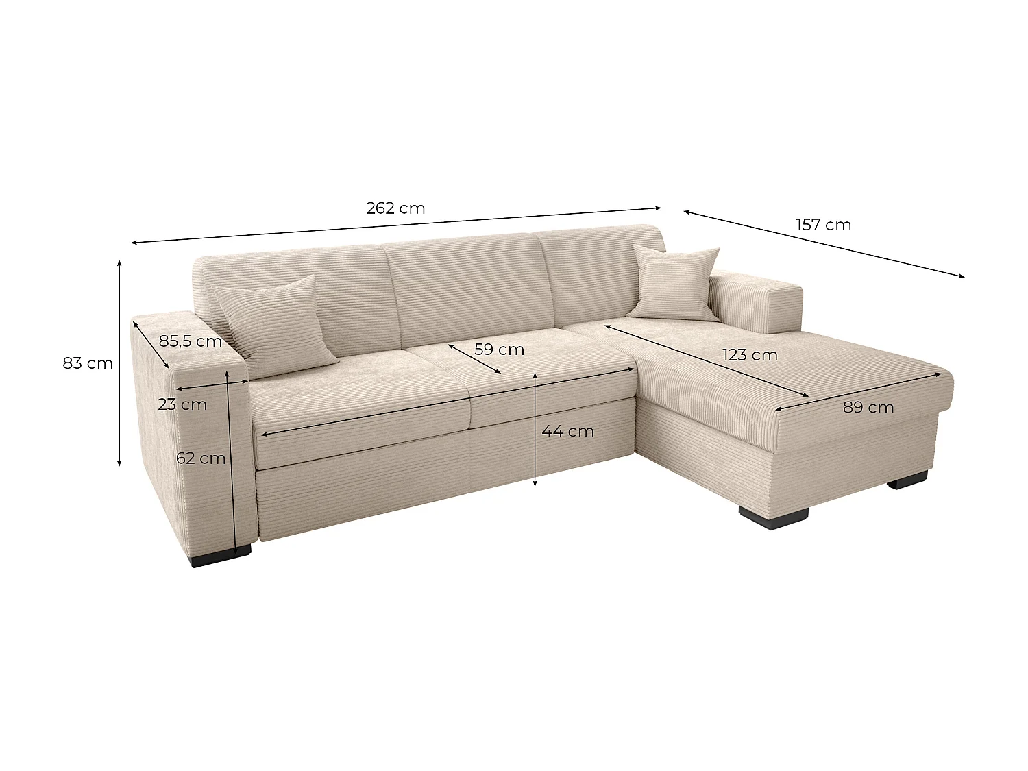 Canapé d'angle droit 4 places Fuji XL convertible avec coffre en velours côtelé - Taupe - L262 x P157 x H83cm - Loungitude
