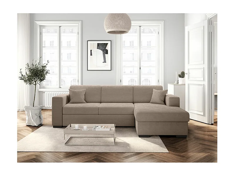 Canapé d'angle droit 4 places Fuji XL convertible avec coffre en velours côtelé - Taupe - L262 x P157 x H83cm - Loungitude