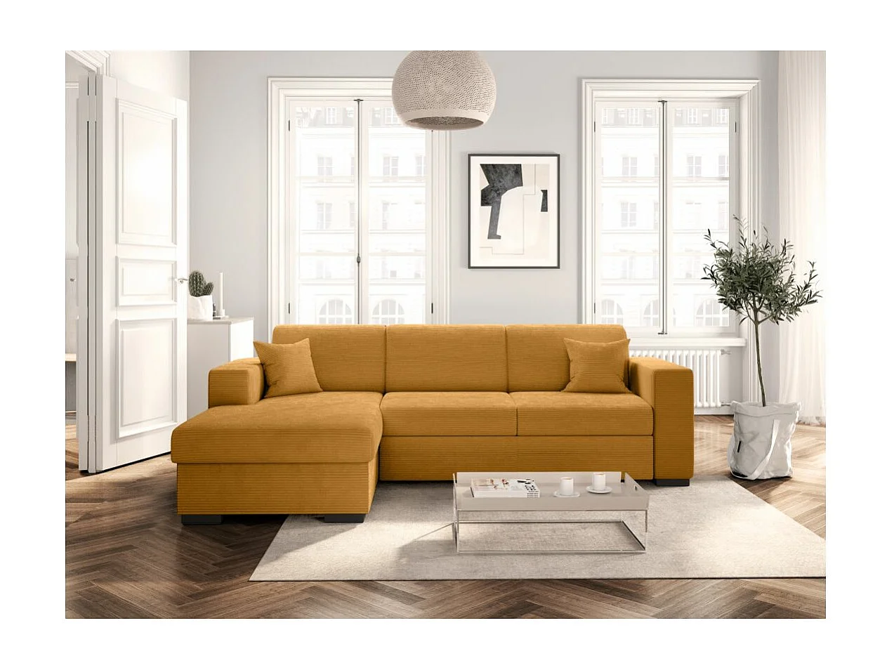 Canapé d'angle gauche 4 places Fuji XL convertible avec coffre en velours côtelé - Jaune - L262 x P157 x H83cm - Loungitude