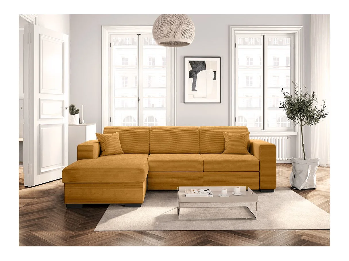 Canapé d'angle convertible 4 places avec coffre en velours jaune