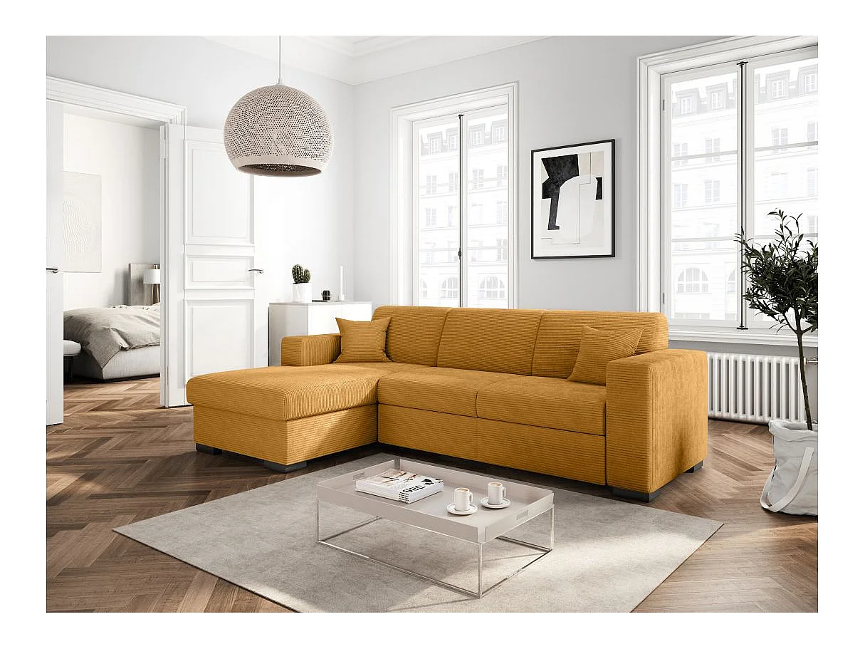 Canapé d'angle convertible 4 places avec coffre en velours jaune