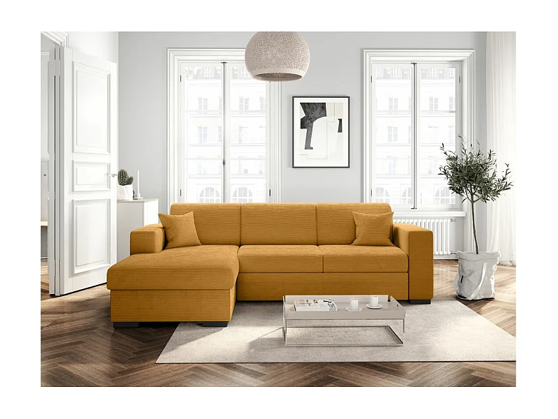 Canapé d'angle gauche 4 places Fuji XL convertible avec coffre en velours côtelé - Jaune - L262 x P157 x H83cm - Loungitude