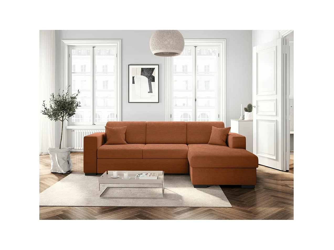 Canapé d'angle droit 4 places Fuji XL convertible avec coffre en velours côtelé - Terracotta - L262 x P157 x H83cm - Loungitude