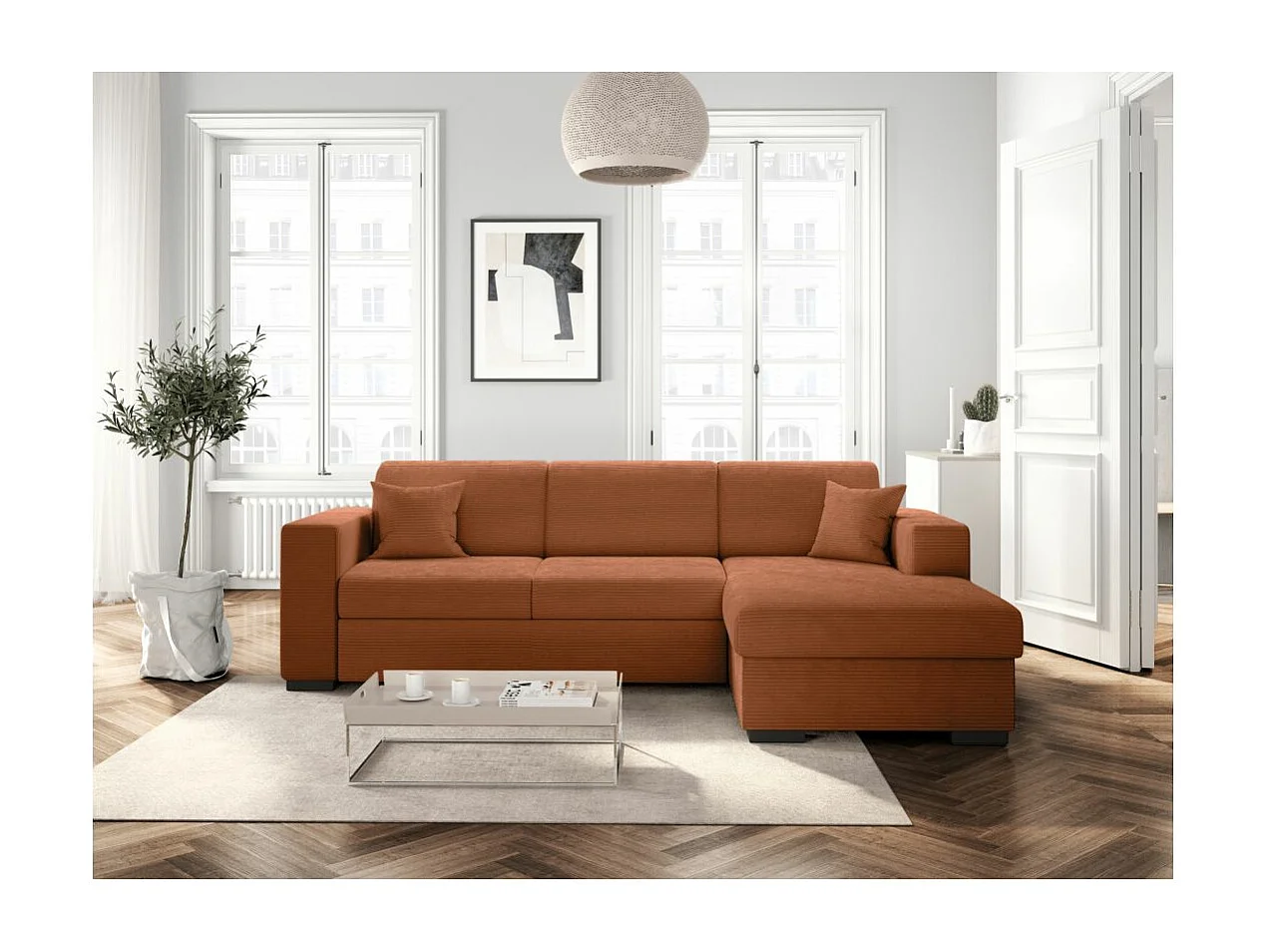 Canapé d'angle droit 4 places Fuji XL convertible avec coffre en velours côtelé - Terracotta - L262 x P157 x H83cm - Loungitude