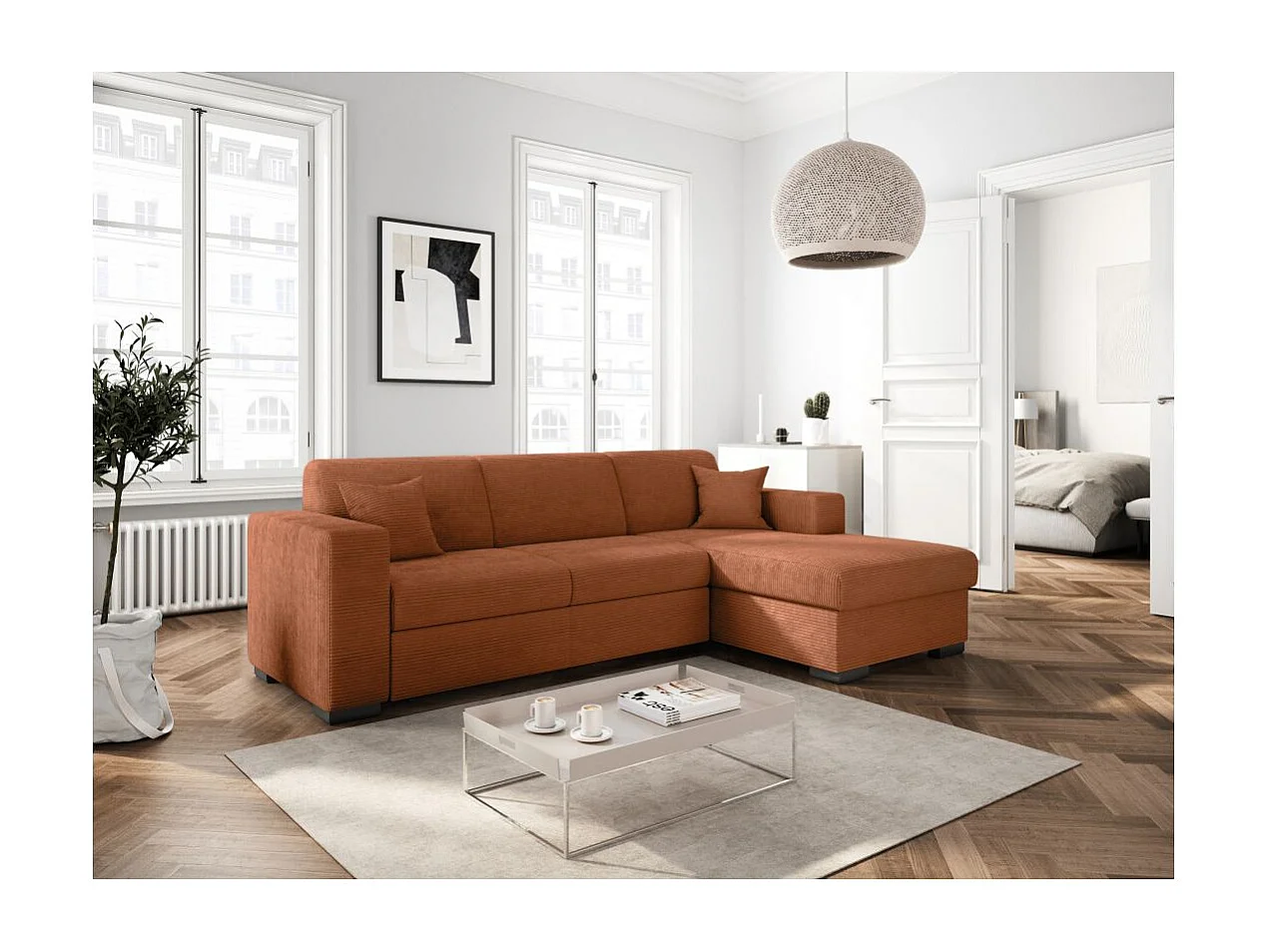 Canapé d'angle droit 4 places Fuji XL convertible avec coffre en velours côtelé - Terracotta - L262 x P157 x H83cm - Loungitude