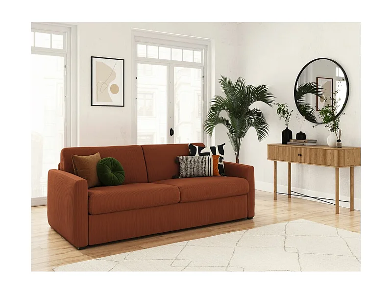 Canapé convertible express 3 places Agathe 140x190cm en velours côtelé - Terracotta - Matelas 13cm - L178 x P96 x H88cm - Loungitude