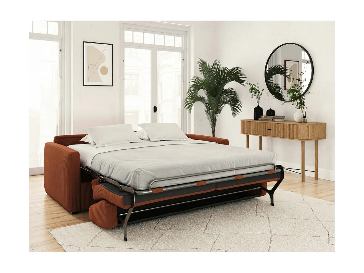 Canapé convertible express 3 places Agathe 140x190cm en velours côtelé - Terracotta - Matelas 13cm - L178 x P96 x H88cm - Loungitude