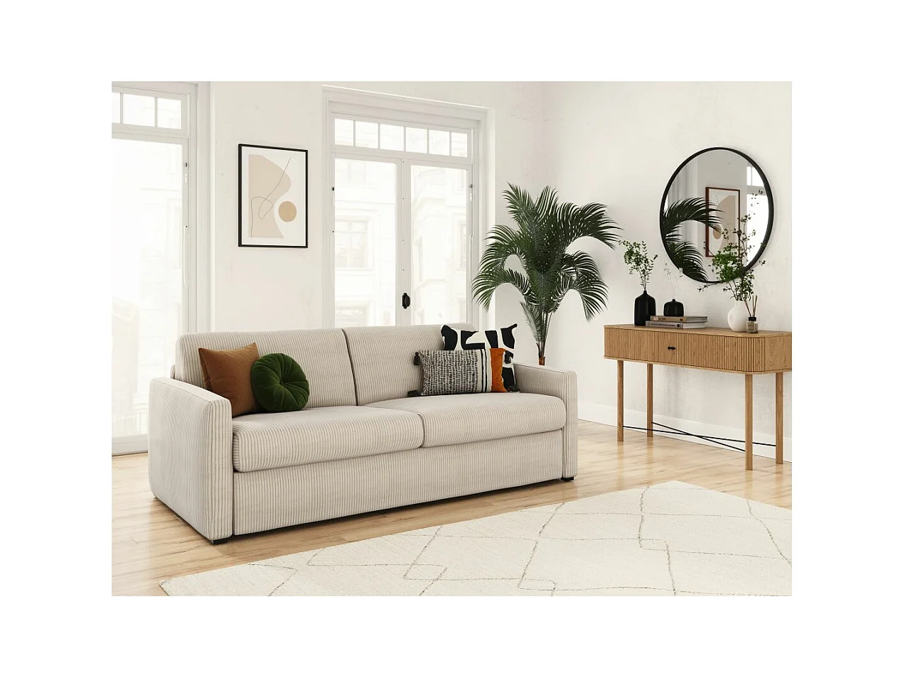 Canapé convertible express 3 places Agathe 140x190cm en velours côtelé - Beige - Matelas 13cm - L178 x P96 x H88cm - Loungitude