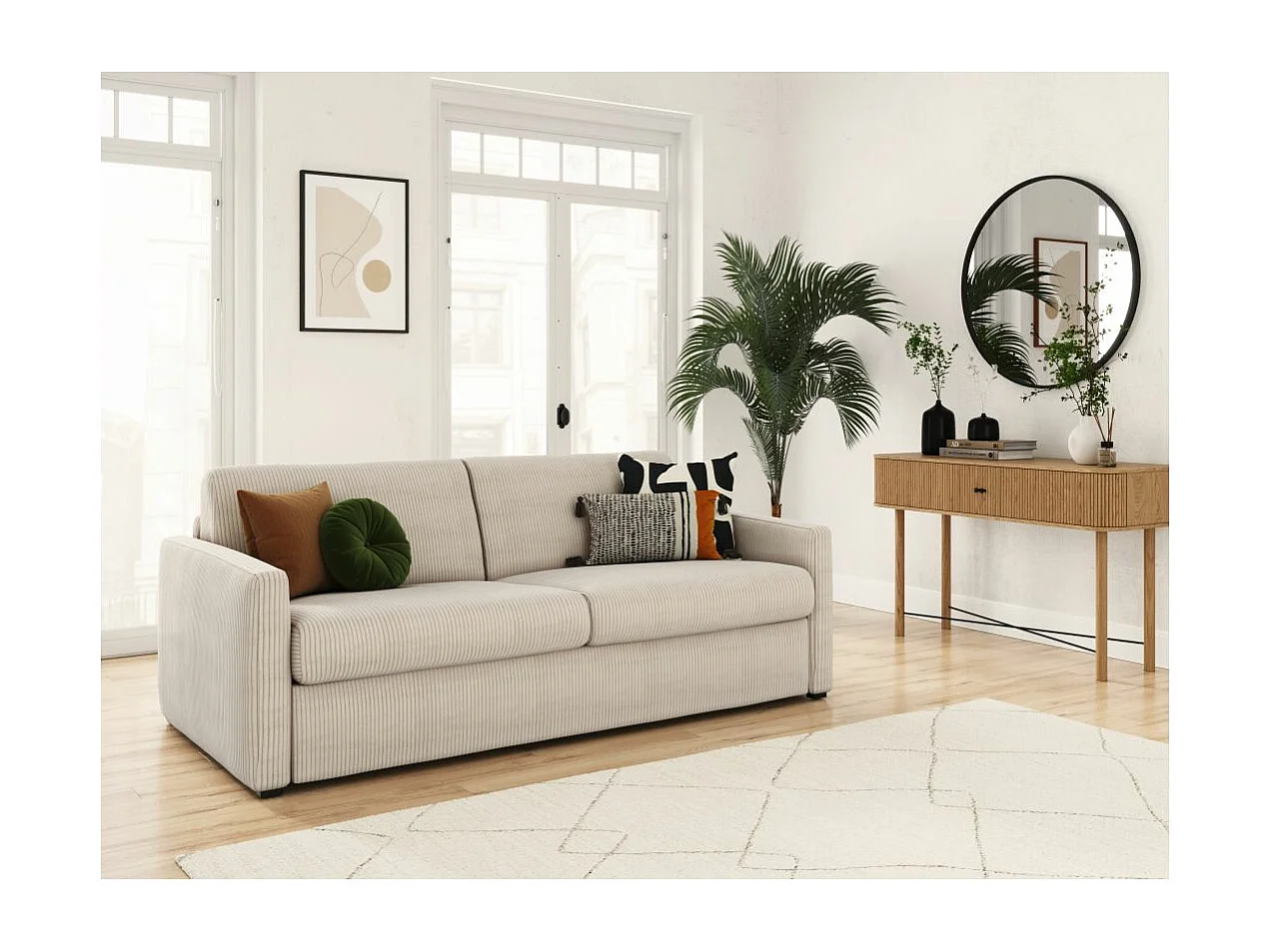 Canapé convertible express 3 places Agathe 140x190cm en velours côtelé - Beige - Matelas 13cm - L178 x P96 x H88cm - Loungitude