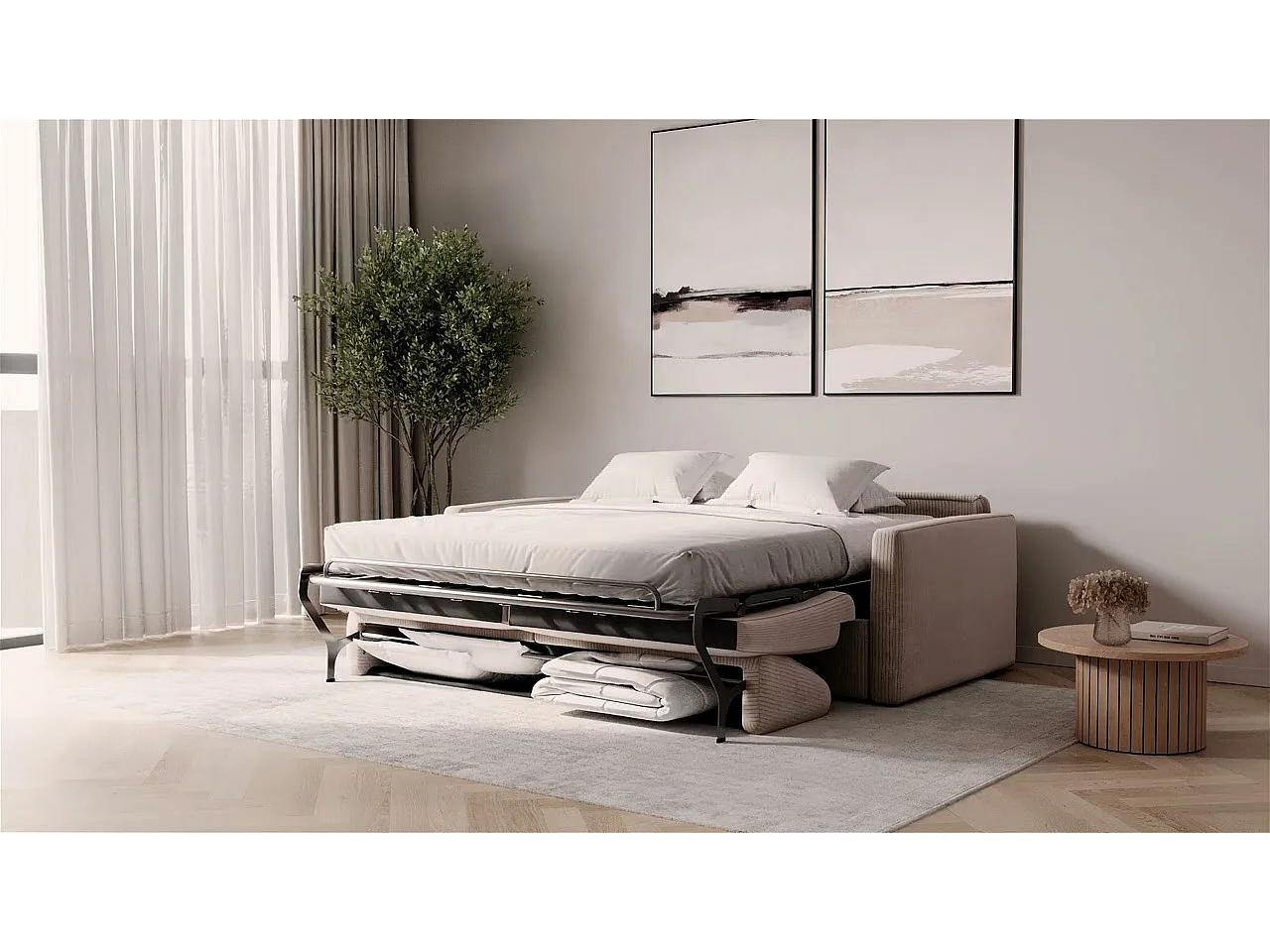 Canapé convertible express 3 places Agathe 140x190cm en velours côtelé - Beige - Matelas 13cm - L178 x P96 x H88cm - Loungitude