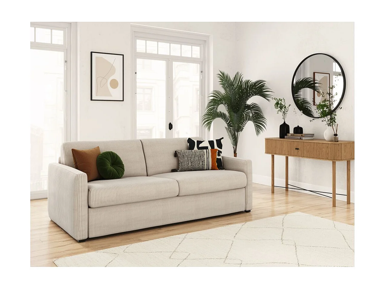 Canapé convertible express 3 places Agathe 140x190cm en velours côtelé - Beige - Matelas 13cm - L178 x P96 x H88cm - Loungitude