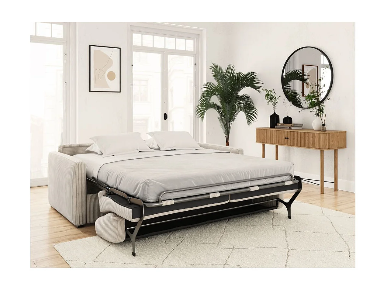 Canapé convertible express 3 places Agathe 140x190cm en velours côtelé - Beige - Matelas 13cm - L178 x P96 x H88cm - Loungitude