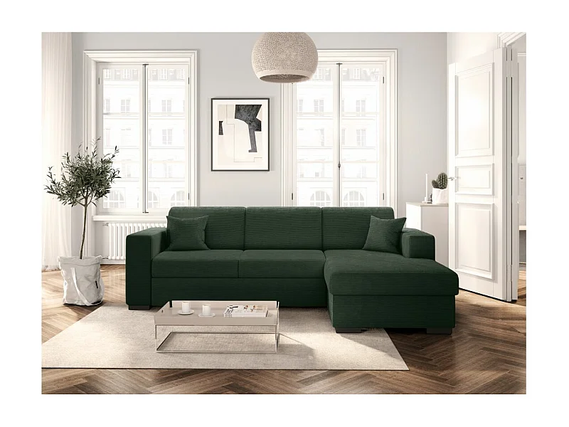 Canapé d'angle droit 4 places Fuji XL convertible avec coffre en velours côtelé - Vert foncé - L262 x P157 x H83cm - Loungitude