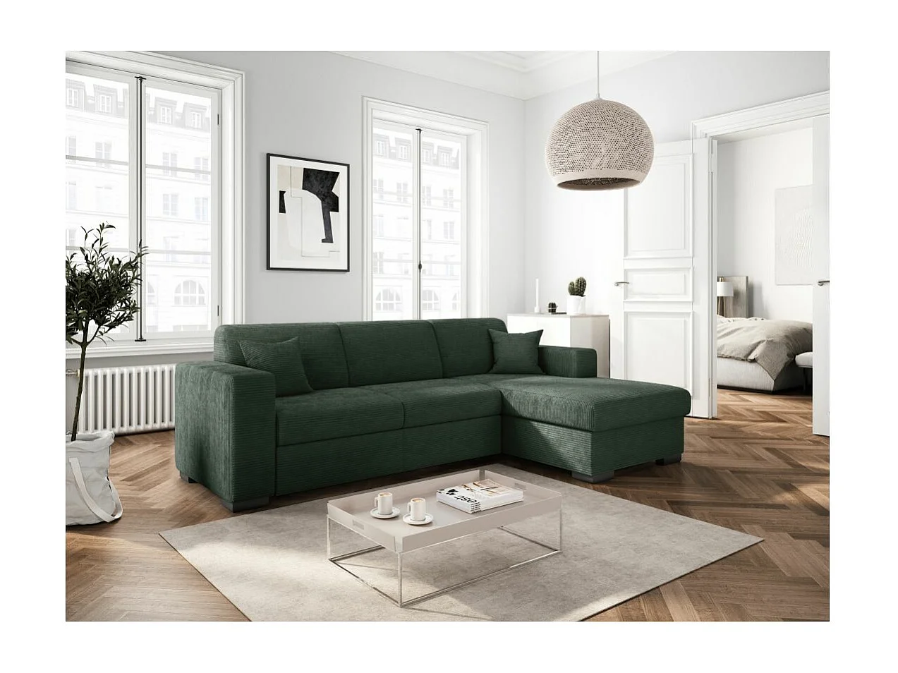 Canapé d'angle droit 4 places Fuji XL convertible avec coffre en velours côtelé - Vert foncé - L262 x P157 x H83cm - Loungitude