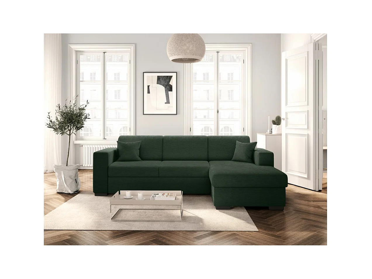 Canapé d'angle droit 4 places Fuji XL convertible avec coffre en velours côtelé - Vert foncé - L262 x P157 x H83cm - Loungitude