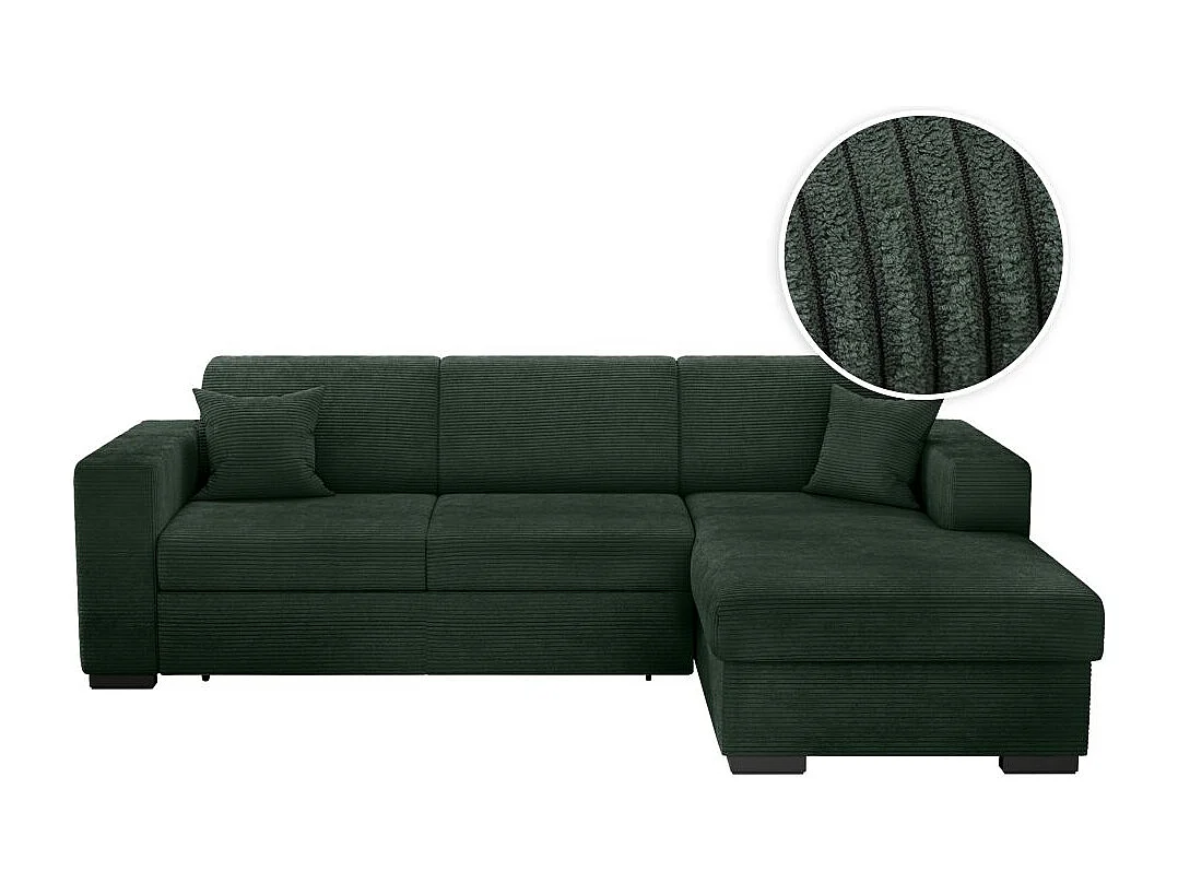 Canapé d'angle droit 4 places Fuji XL convertible avec coffre en velours côtelé - Vert foncé - L262 x P157 x H83cm - Loungitude