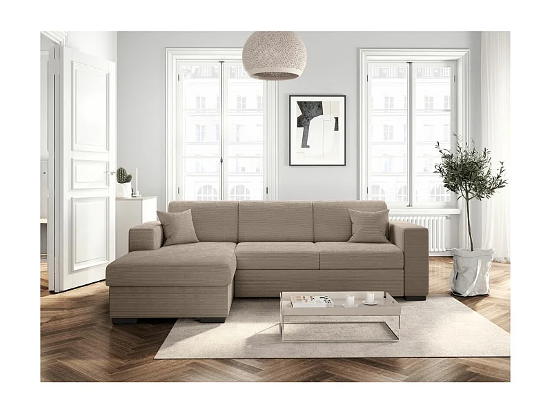 Canapé d'angle gauche 4 places Fuji XL convertible avec coffre en velours côtelé - Taupe - L262 x P157 x H83cm - Loungitude