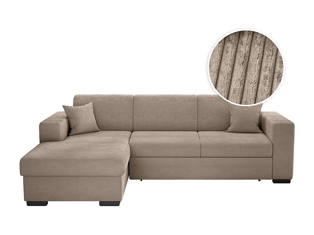 Canapé d'angle gauche 4 places Fuji XL convertible avec coffre en velours côtelé - Taupe - L262 x P157 x H83cm - Loungitude