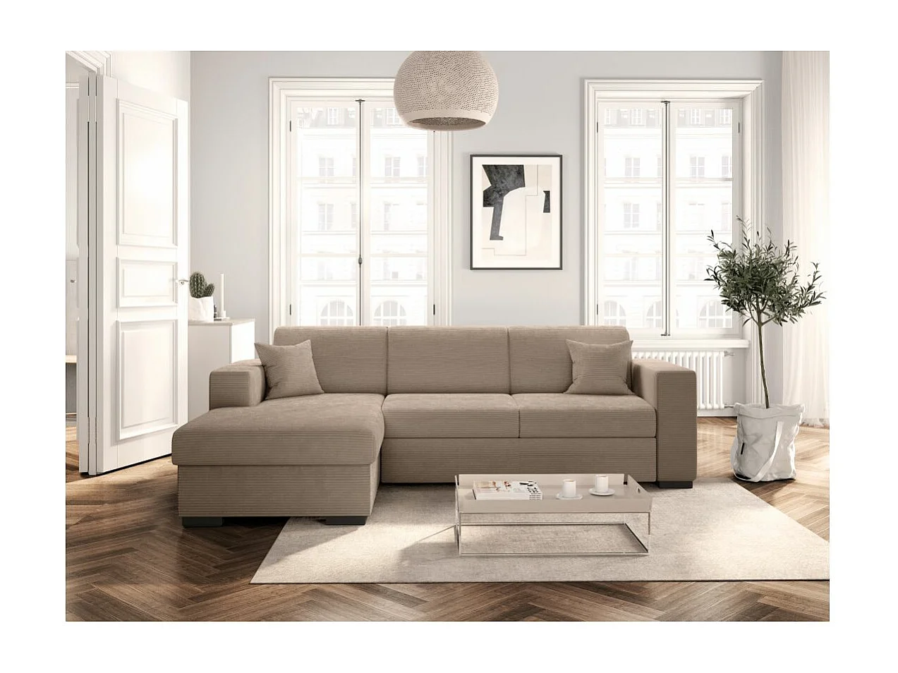 Canapé d'angle gauche 4 places Fuji XL convertible avec coffre en velours côtelé - Taupe - L262 x P157 x H83cm - Loungitude