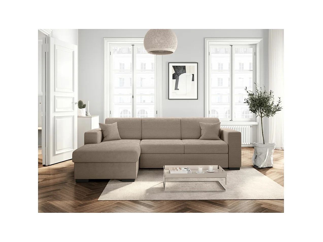 Canapé d'angle gauche 4 places Fuji XL convertible avec coffre en velours côtelé - Taupe - L262 x P157 x H83cm - Loungitude