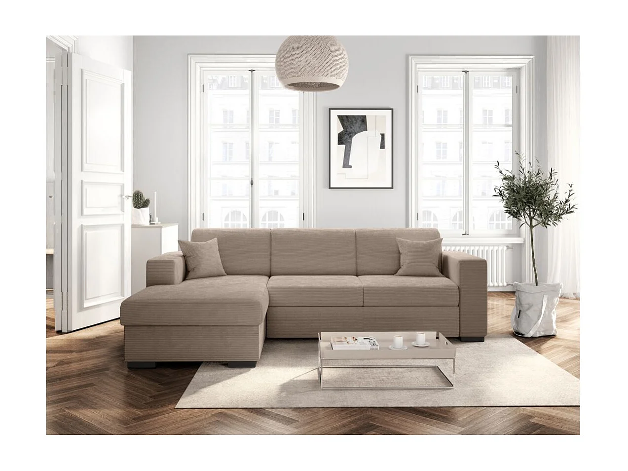 Canapé d'angle gauche 4 places Fuji XL convertible avec coffre en velours côtelé - Taupe - L262 x P157 x H83cm - Loungitude