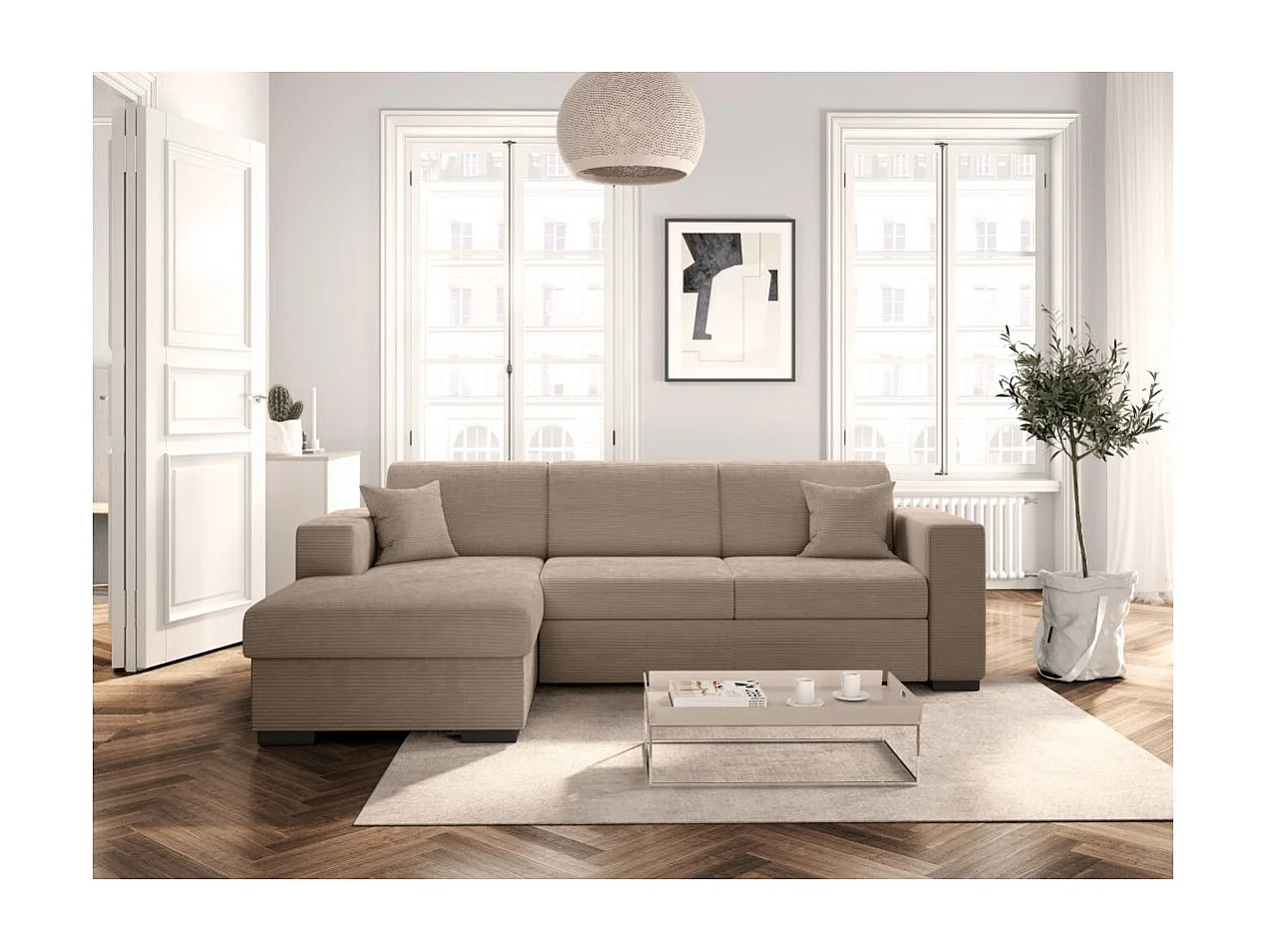 Canapé d'angle gauche 4 places Fuji XL convertible avec coffre en velours côtelé - Taupe - L262 x P157 x H83cm - Loungitude