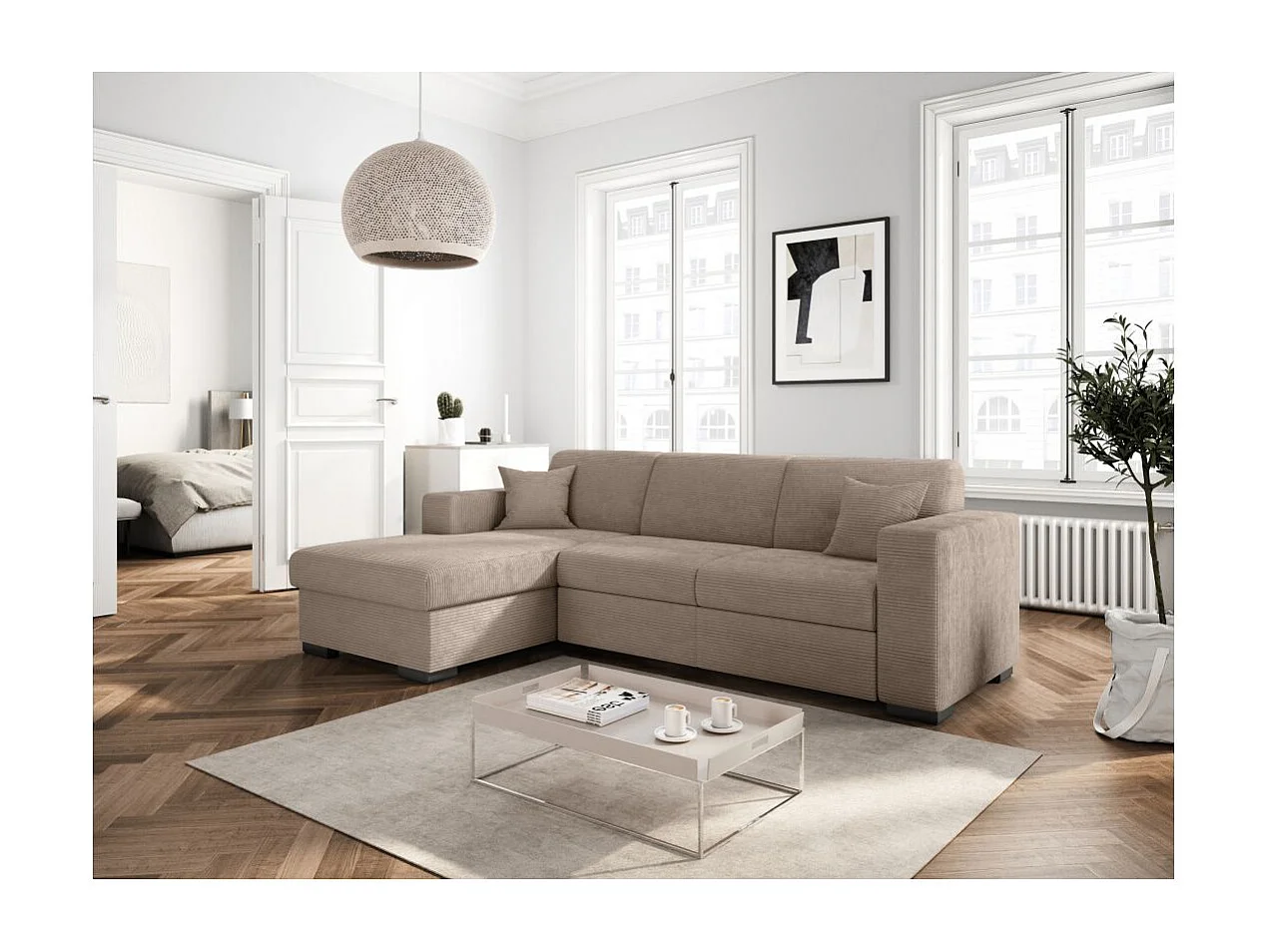 Canapé d'angle gauche 4 places Fuji XL convertible avec coffre en velours côtelé - Taupe - L262 x P157 x H83cm - Loungitude