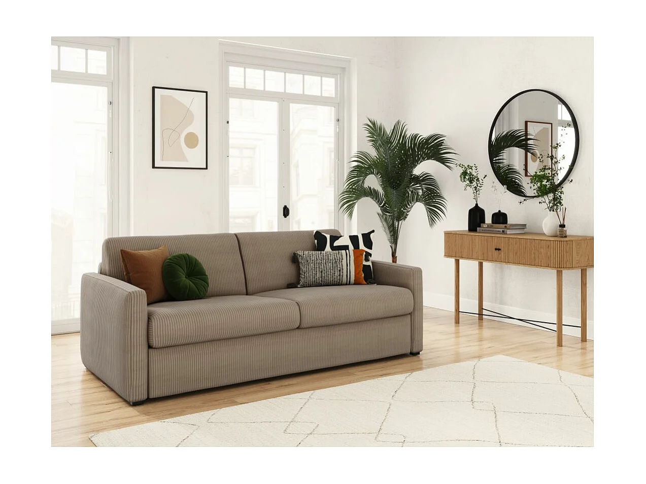 Canapé convertible express 3 places Agathe 140x190cm en velours côtelé - Taupe - Matelas 13cm - L178 x P96 x H88cm - Loungitude