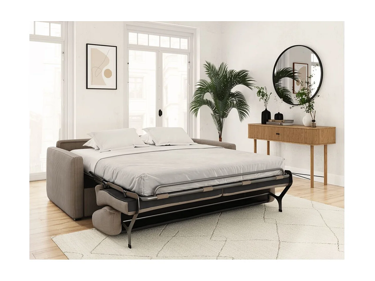 Canapé convertible express 3 places Agathe 140x190cm en velours côtelé - Taupe - Matelas 13cm - L178 x P96 x H88cm - Loungitude