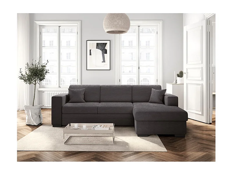 Canapé d'angle droit 4 places Fuji XL convertible avec coffre en velours côtelé - Gris anthracite - L262 x P157 x H83cm - Loungitude