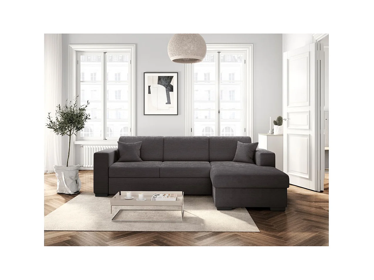 Canapé d'angle droit 4 places Fuji XL convertible avec coffre en velours côtelé - Gris anthracite - L262 x P157 x H83cm - Loungitude