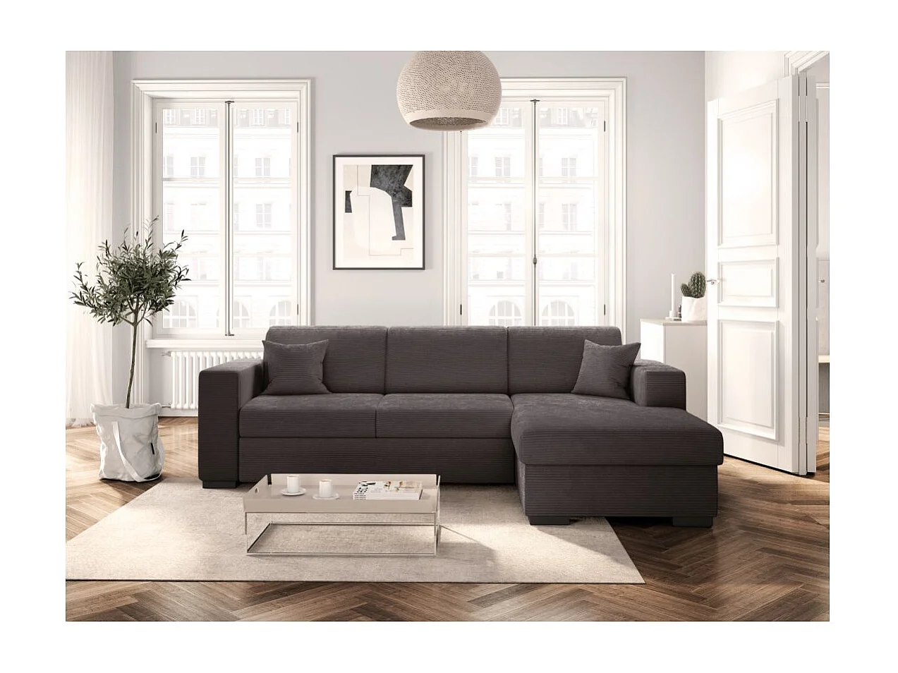 Canapé d'angle droit 4 places Fuji XL convertible avec coffre en velours côtelé - Gris anthracite - L262 x P157 x H83cm - Loungitude