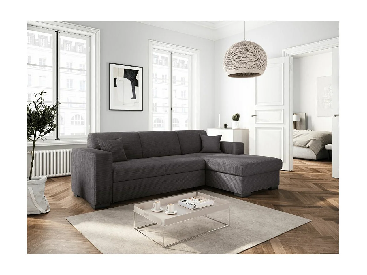 Canapé d'angle droit 4 places Fuji XL convertible avec coffre en velours côtelé - Gris anthracite - L262 x P157 x H83cm - Loungitude