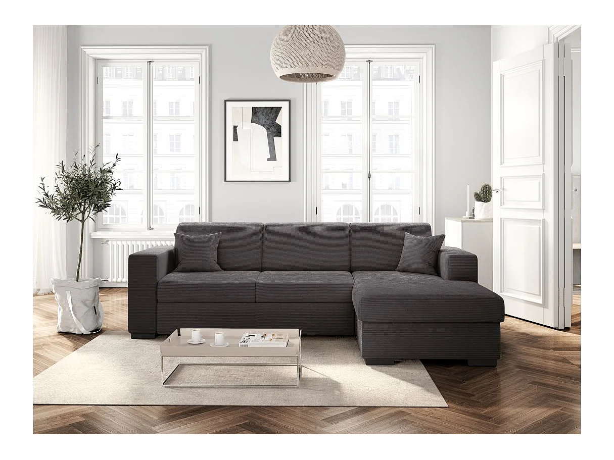 Canapé d'angle droit 4 places Fuji XL convertible avec coffre en velours côtelé - Gris anthracite - L262 x P157 x H83cm - Loungitude
