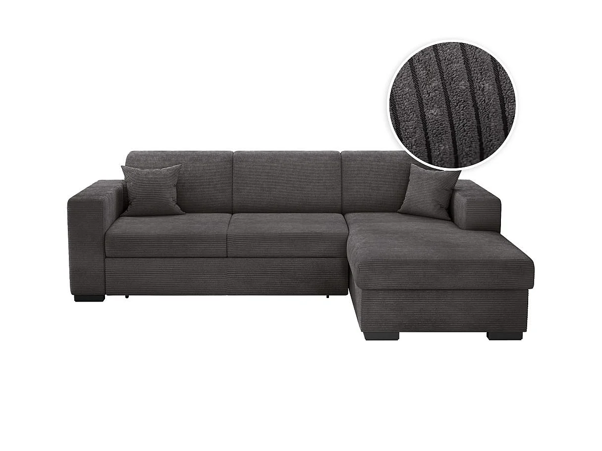 Canapé d'angle droit 4 places Fuji XL convertible avec coffre en velours côtelé - Gris anthracite - L262 x P157 x H83cm - Loungitude