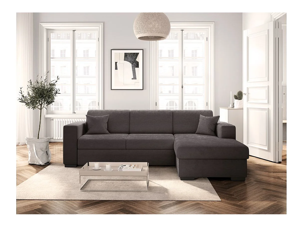 Canapé d'angle droit 4 places Fuji XL convertible avec coffre en velours côtelé - Gris anthracite - L262 x P157 x H83cm - Loungitude