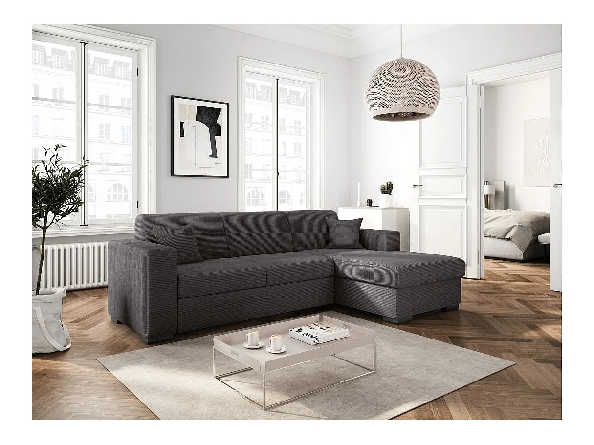 Canapé d'angle droit 4 places Fuji XL convertible avec coffre en velours côtelé - Gris anthracite - L262 x P157 x H83cm - Loungitude